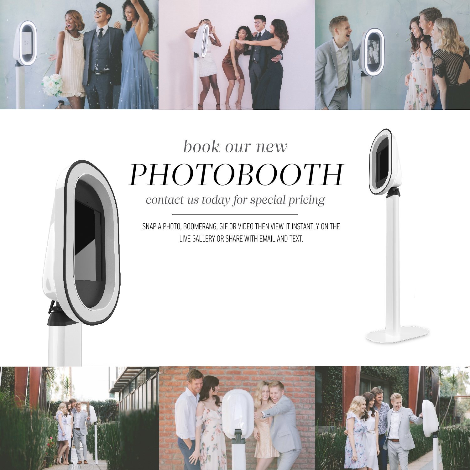 Photo booth advertisement showing how people can use the camera