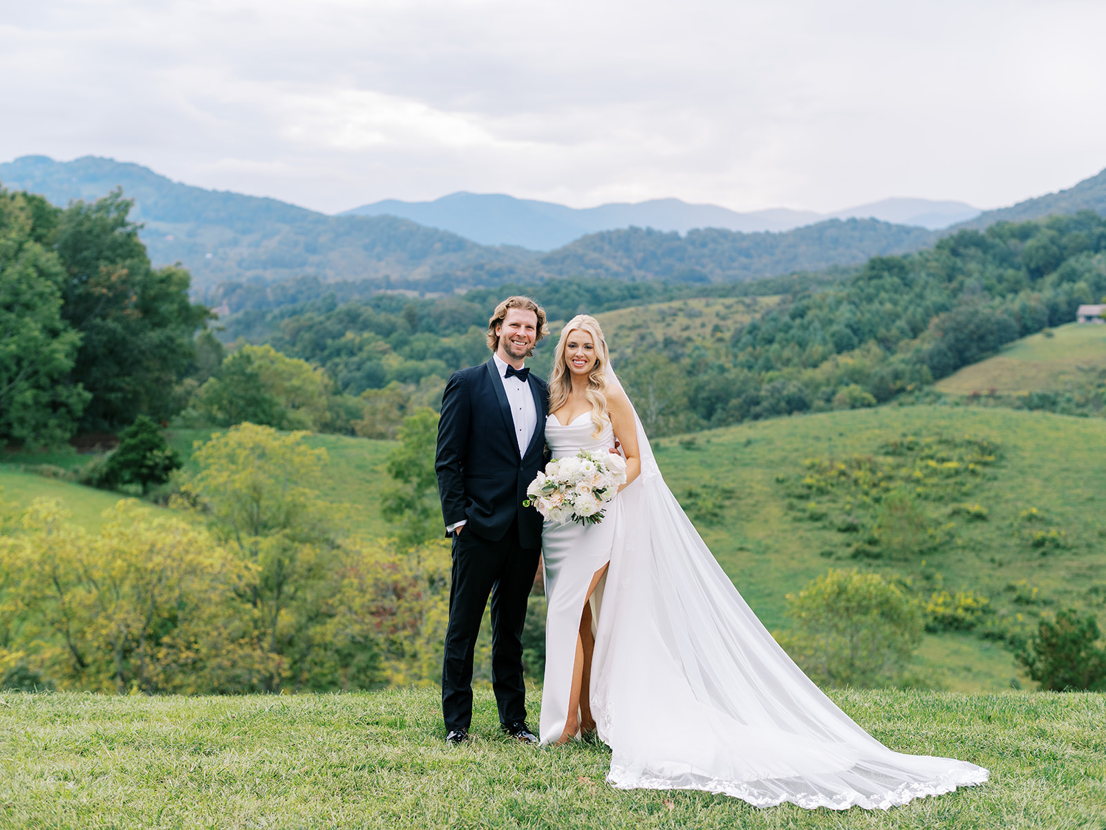Bride and groom at a Blue Ridge Mountain wedding planned by an Asheville luxury wedding planner.
